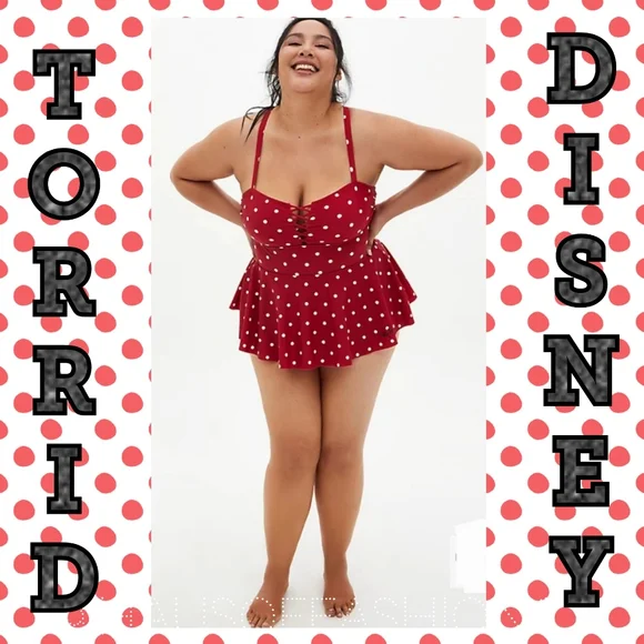 TORRID DISNEY Retro Red Minnie Mouse Lattice Front Peplum Swimsuit! NWT! 🩱 - Picture 3 of 7